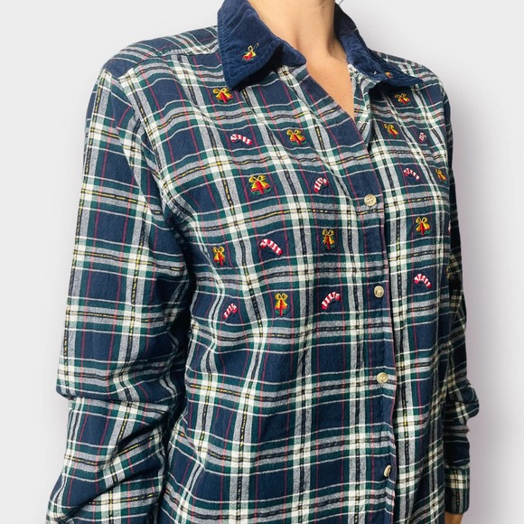 90s Bobbie Brooks Navy Plaid Holiday Button Up Top - Picture 4 of 6